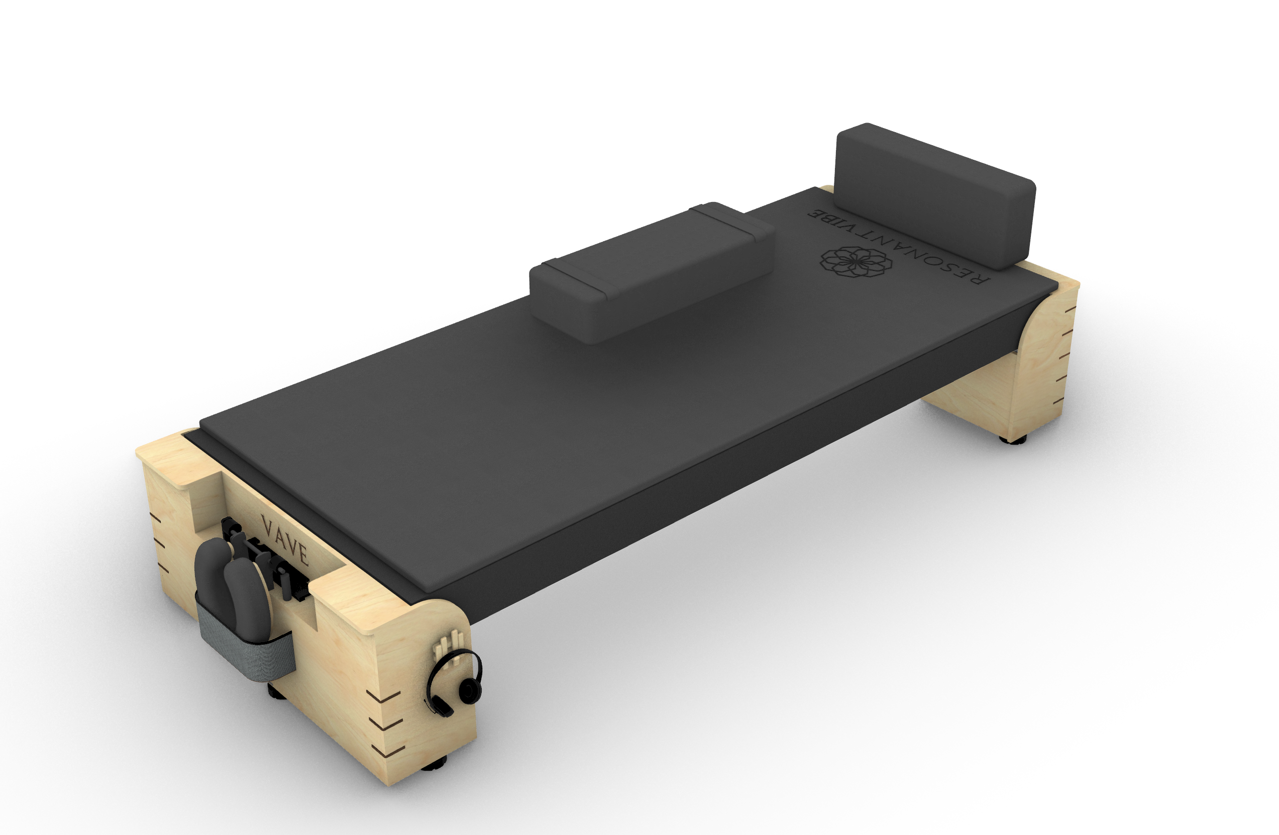 Angled product rendering of VAVE™ vibroacoustic therapy bed with modular headrest and wooden base