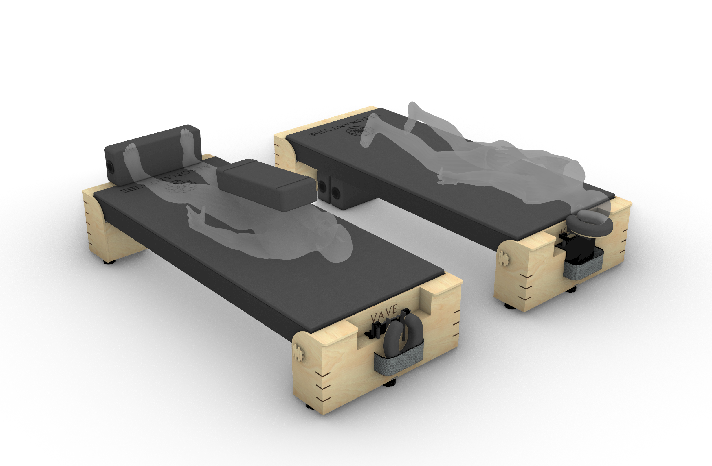 Dual VAVE™ vibroacoustic therapy beds shown in studio configuration with two users and modular bolsters