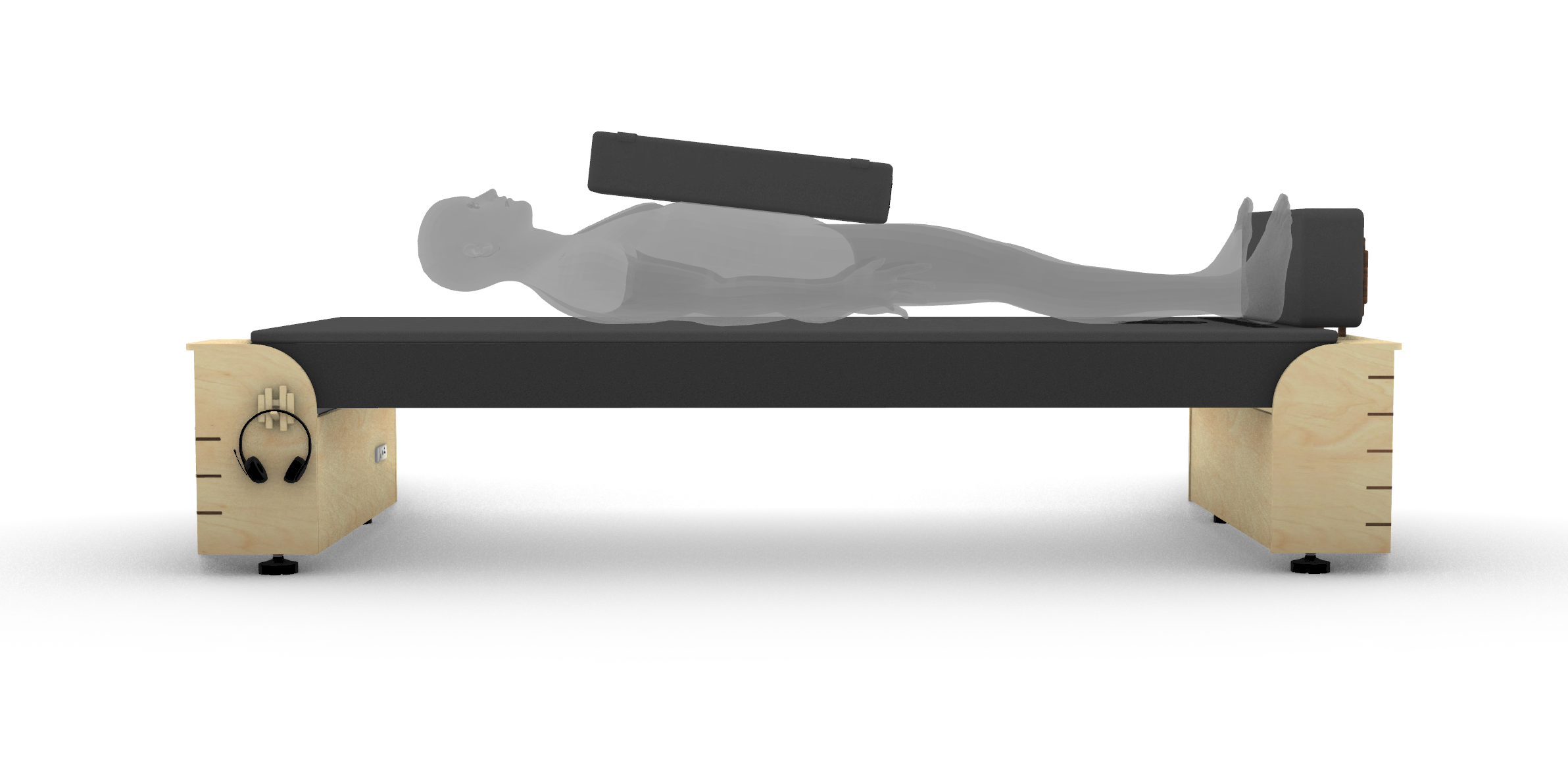 Side profile of VAVE™ vibroacoustic therapy bed showing platform height, bolster support, and integrated base structure
