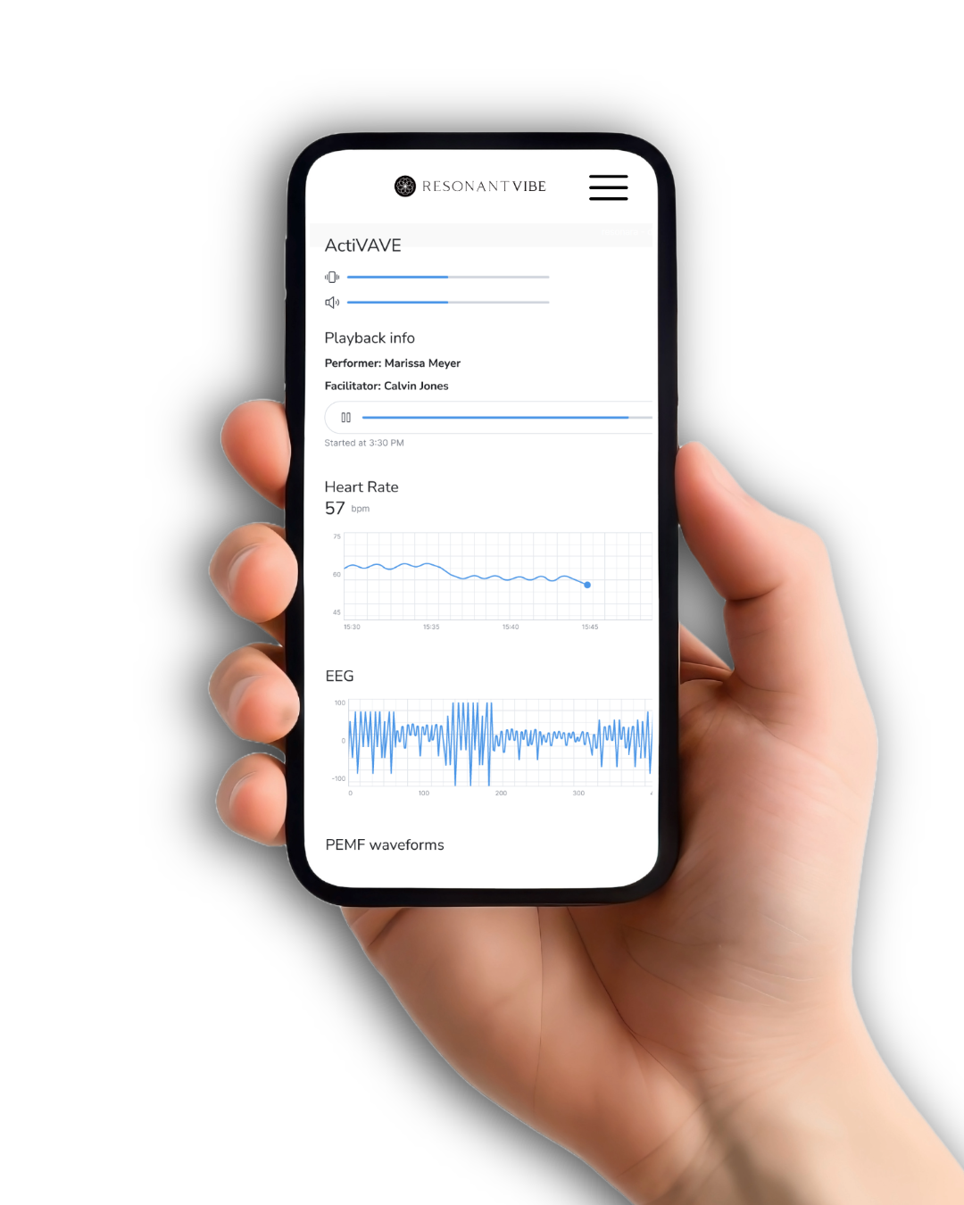 VAVE app on a smartphone displaying session controls, biofeedback data, and EEG monitoring for a ResonantVibe multisensory frequency therapy session.
