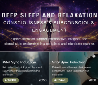 VAVE app guided program library showing Deep Sleep and Relaxation session options for Multisensory Resonant Frequency Therapy.
