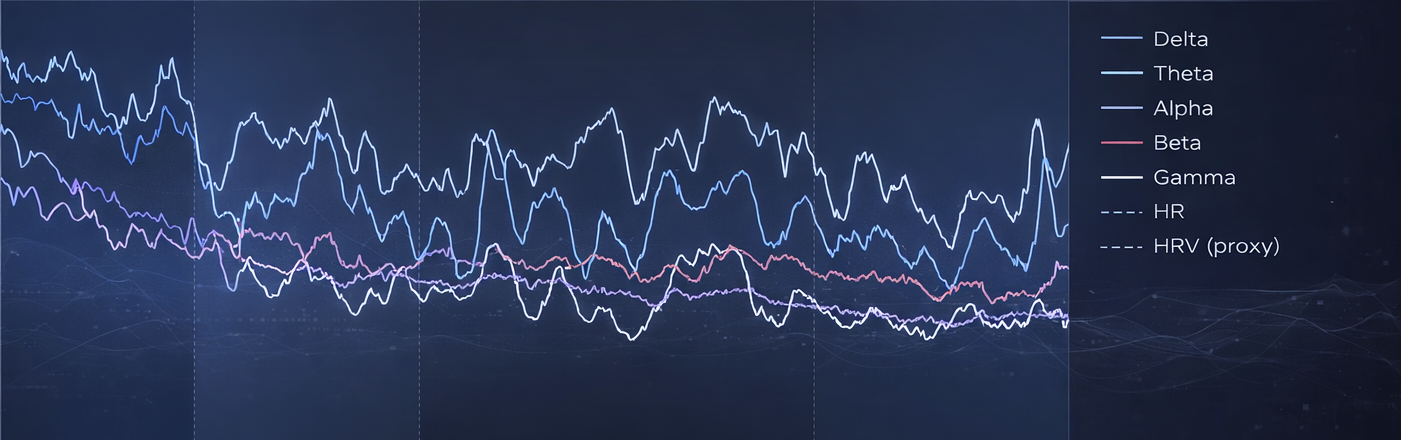 EEG brainwave monitoring graph from a VAVE multisensory resonant frequency therapy session showing decreasing brainwave amplitudes over time.